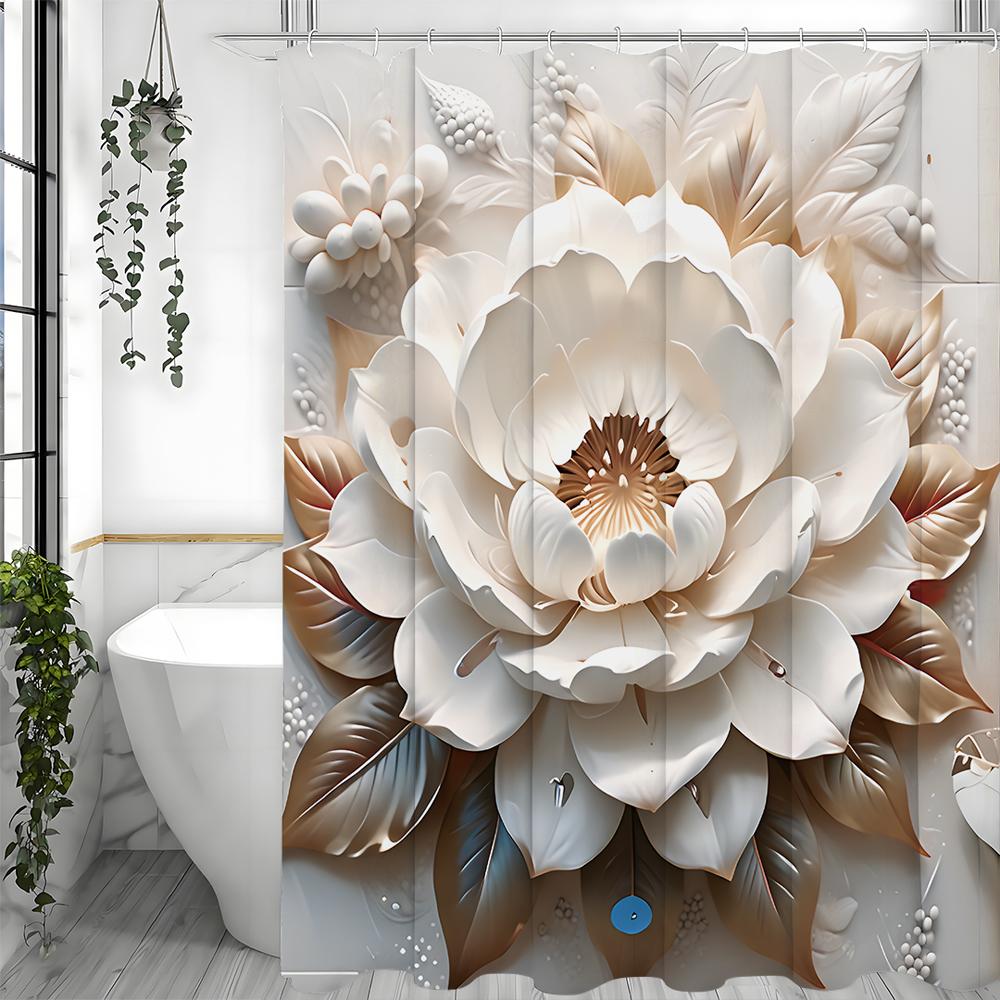 White Flower Shower Curtain, Light Embossed Floral Bathroom Decorative Shower Curtain, Waterproof Shower Curtain with Hooks
