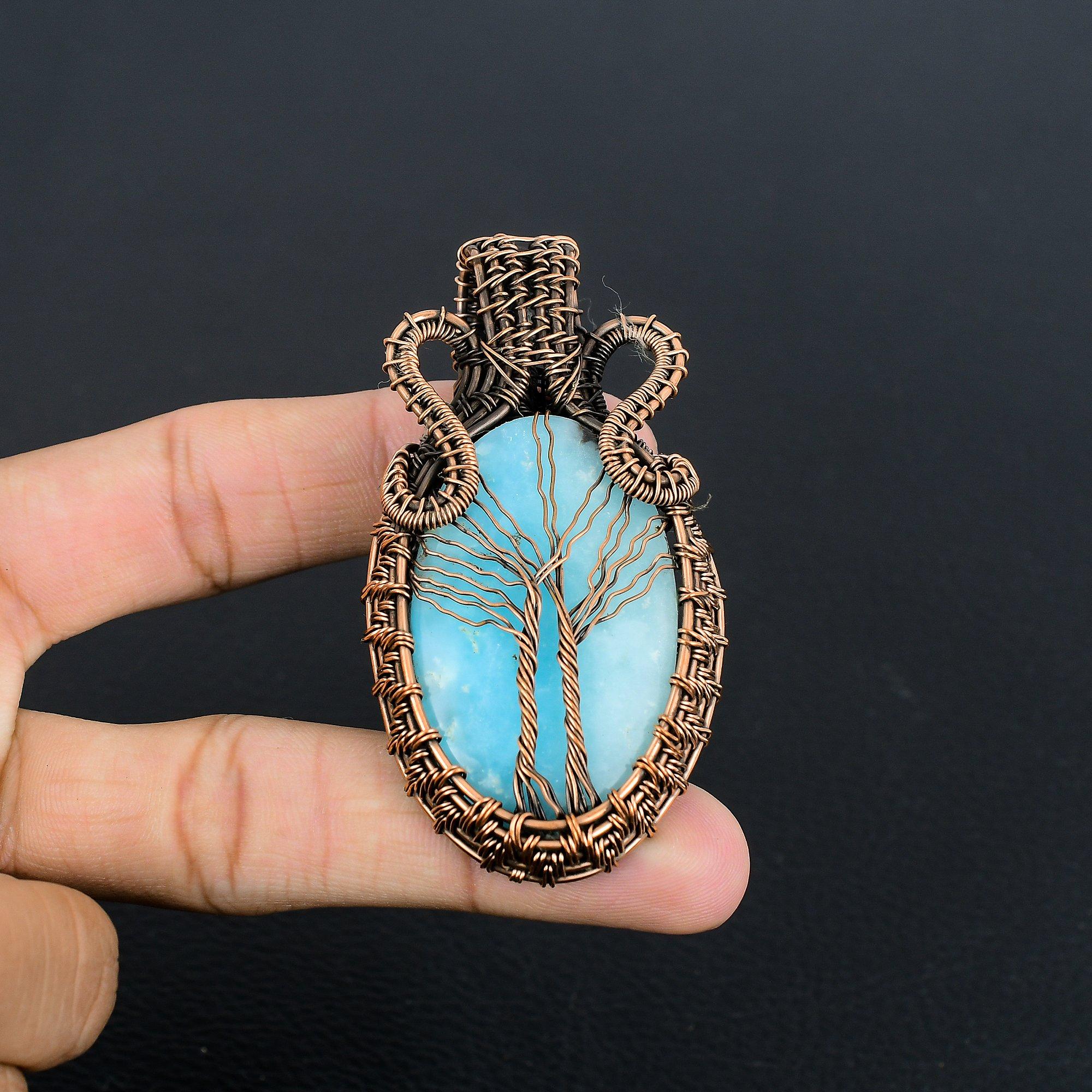 

Подвеска из гемиморфита, обмотанная медной проволокой 999 пробы, ювелирное изделие «Древо жизни» из драгоценных камней, подвеска ручной работы, на День благодарения 2.28 Inches