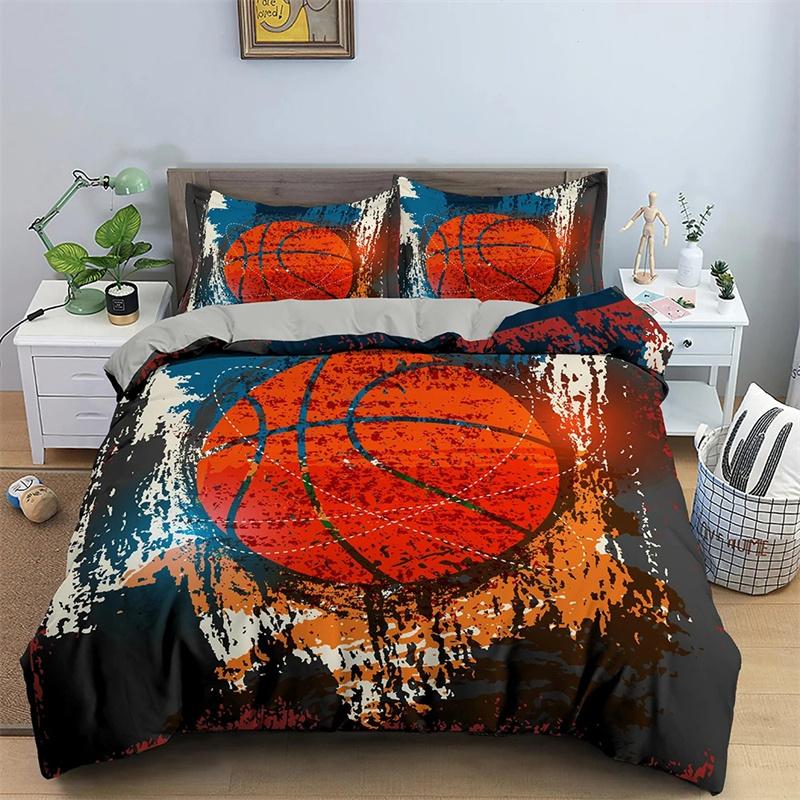 Basketball Duvet Cover Set Black 3D Ball Sports Theme Bedding Set Microfiber Basketball Court Competitive Games King Quilt Cover