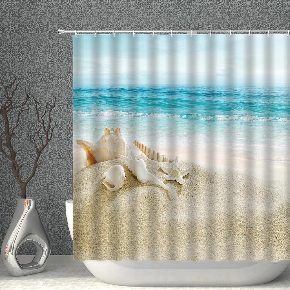 Starfish Shower Curtain Set Starfishs Shells Seascape Ocean Bath Curtains Waterproof Fabric White Blue Bathroom Screen Decor
