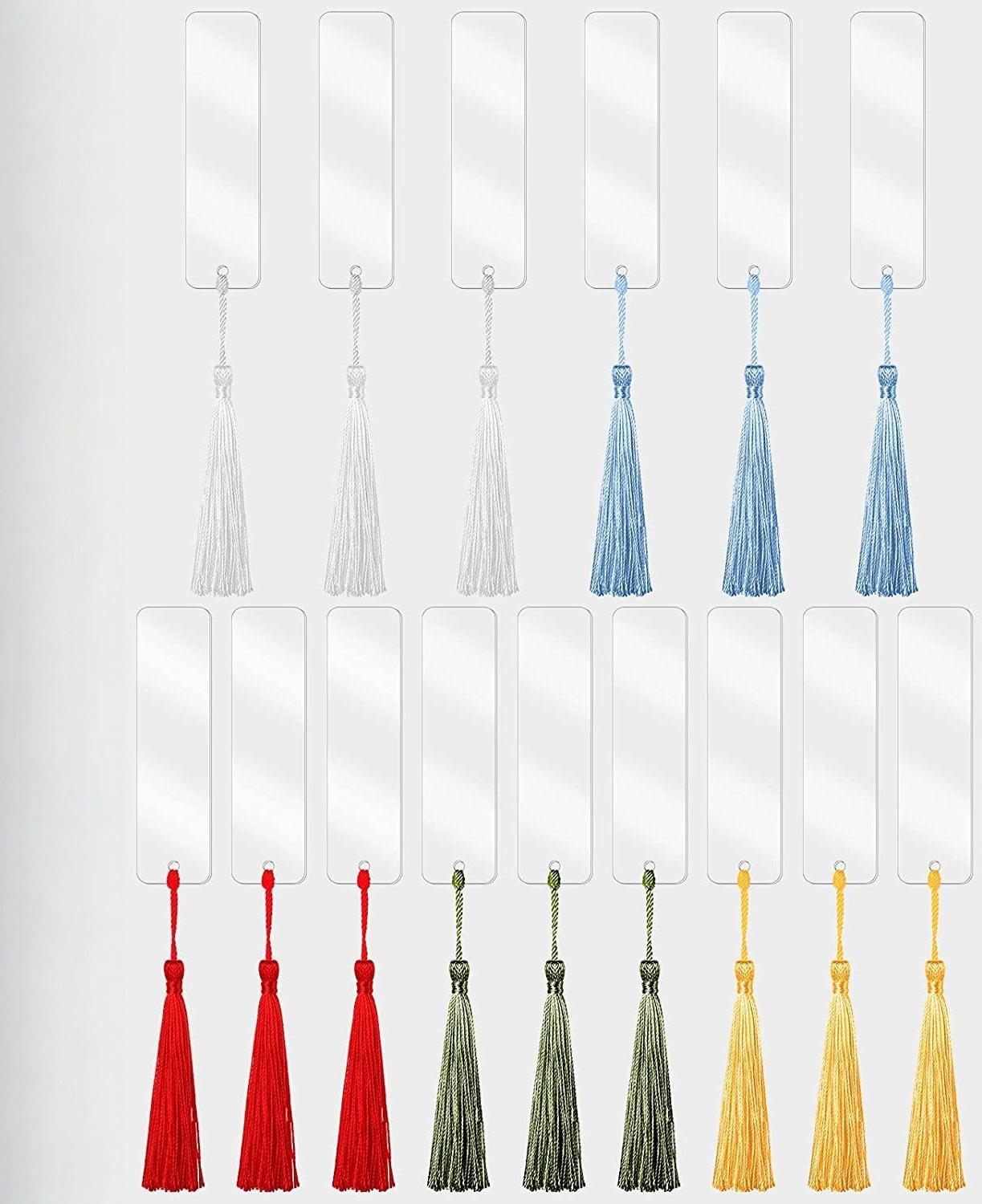 

15Pcs Clear Acrylic Bookmarks Craft Transparent Blank Acrylic Book Markers with 15Pcs Small Bookmark Tassels for DIY Projects