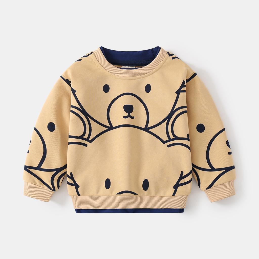 Autumn Trend Boys Sweater Monochrome Cartoon Bear Casual Top Crew Neck Cotton Long Sleeve Children's Pullover