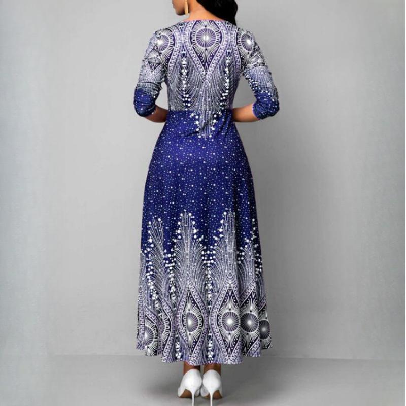 QICED Women's O-neck Vintage Print Long Sleeve Maxi Dress Spring Autumn