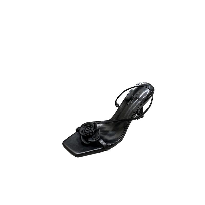 Sandals Spring Square Toe Thin Heel High Heel Elegant French Style FashionOne-Strap Thin Belt Flower Open Toe Women's