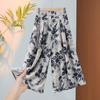 Women Floral Print Wide Leg Cropped Pants Elastic Waist Casual Summer Trousers