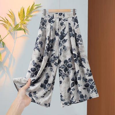 Women Floral Print Wide Leg Cropped Pants Elastic Waist Casual Summer Trousers