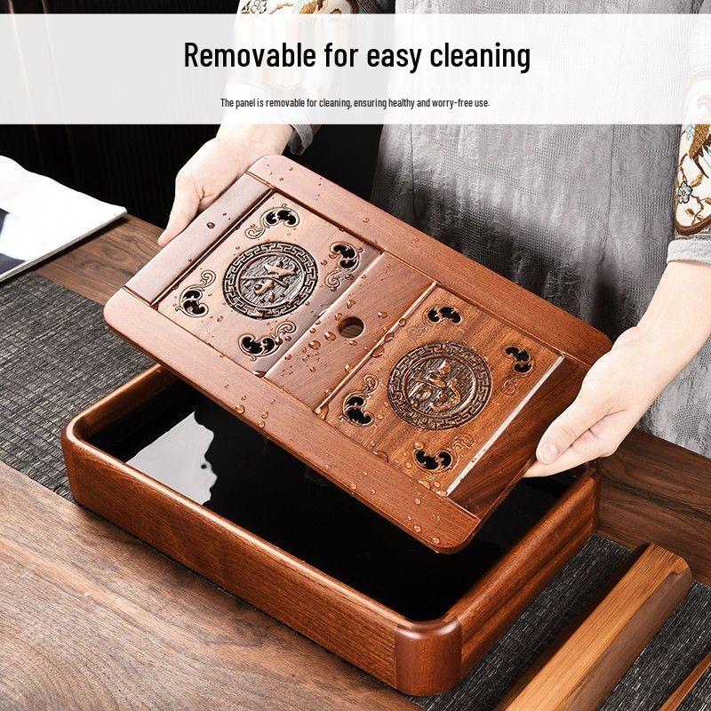 Wooden Tea Tray with Dual Drainage & Storage
