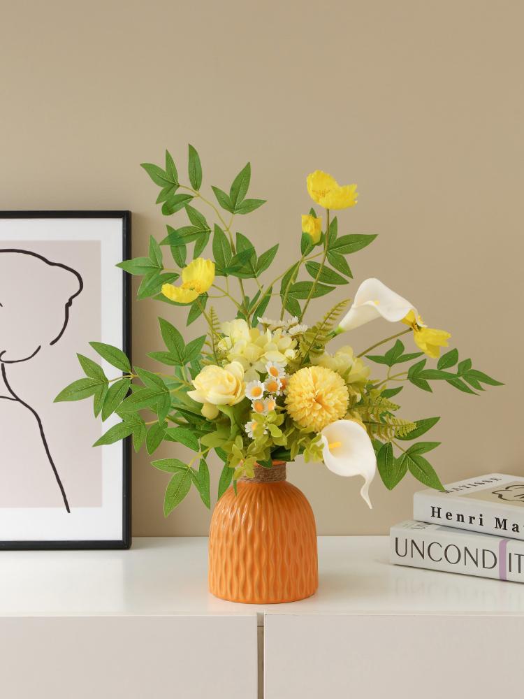 Elegant High-End Artificial Flowers with Ceramic Vase Decor – Luxurious Living Room Arrangement