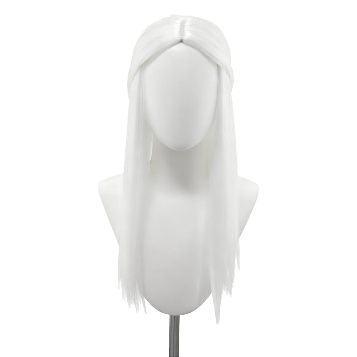 

Pure White Long Straight Wig with Bangs Side Braid Cross V-Weave Mesh Back, 52cm Natural Sheen Synthetic for Cosplay Daily