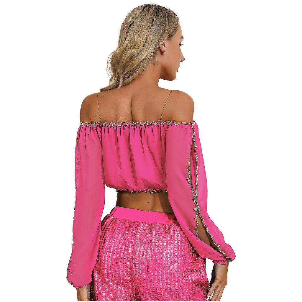Womens Sequined Beaded Belly Dance Crop Top Long Puff Sleeve Split Halloween Party Costume