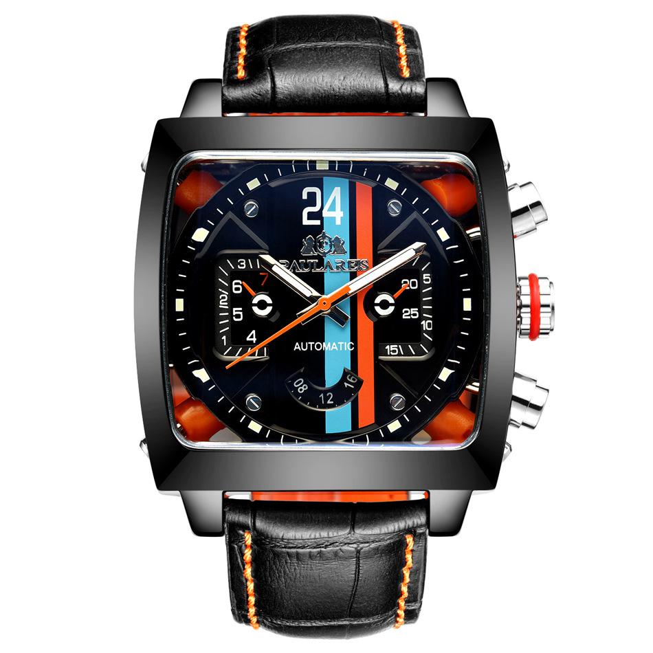 Orologio Automatico Quadrato Luminoso da Uomo con Cinturino in Vera Pelle
