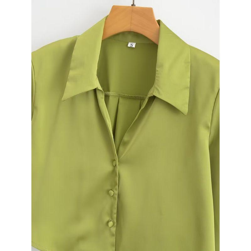 Kaslead Fashion Style Silk Satin Texture Long Sleeves Shirt