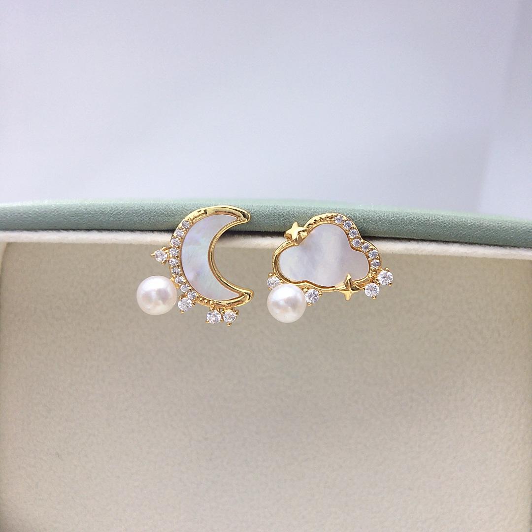 Freshwater Pearl & Zircon Seashell Moon Cloud Stud Earrings