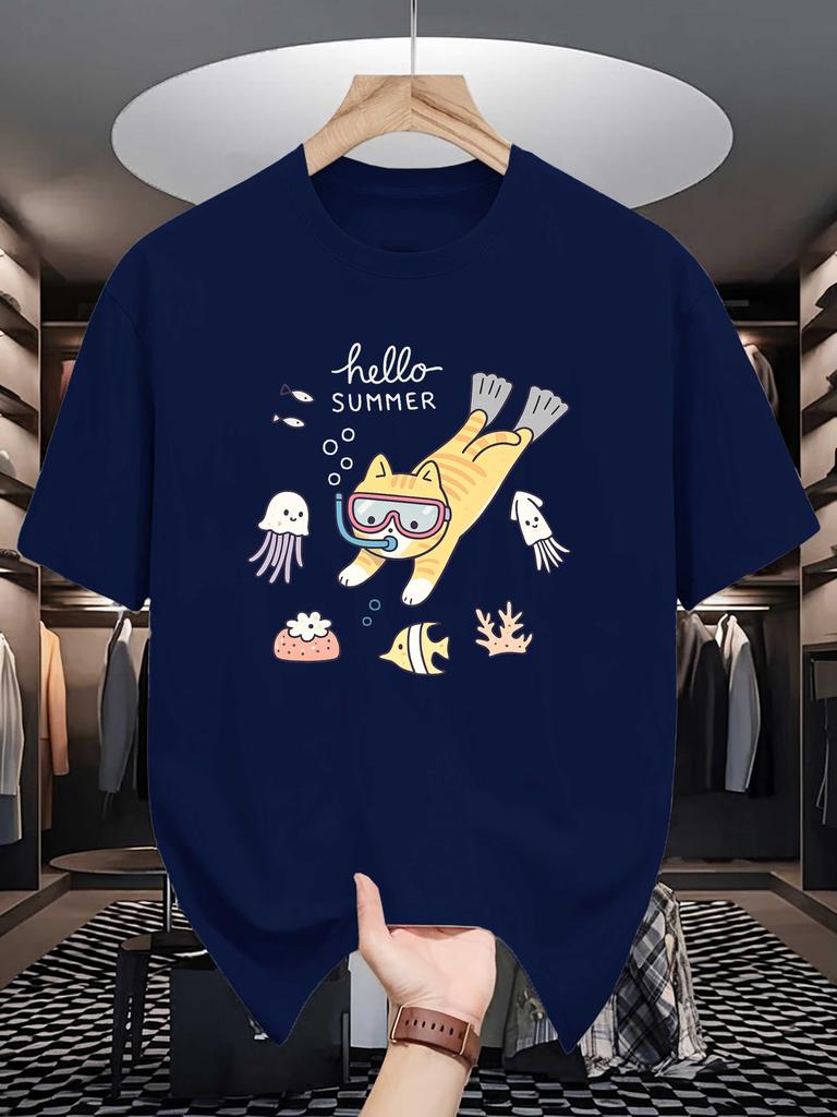 Hello Summer Diving Cat Graphic Unisex Crew Neck T Shirt Cute Sea Underwater Print Soft Loose Casual Street Tee For Cat Ocean Lover