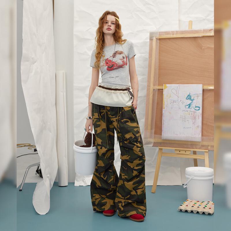 unifree American Retro Camo Print Loose Wide-Leg Casual Pants