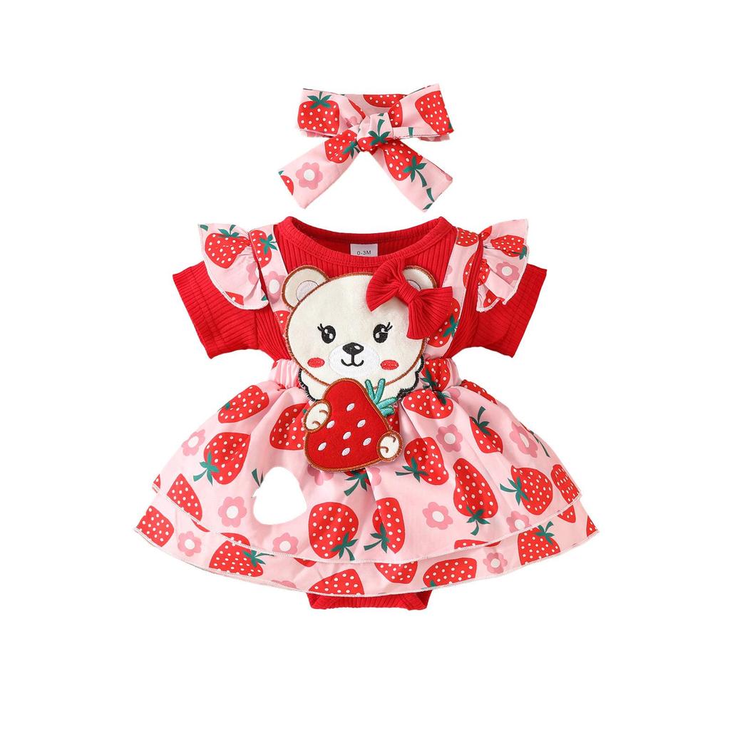 Summer 2026 Strawberry Bear Ribbed Triangle Romper with Faux Straps