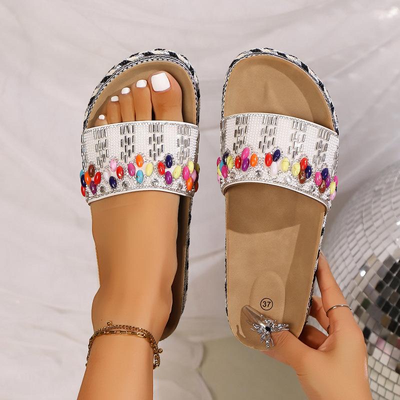 Large Size Muffin Thick-bottomed Cool Slippers Summer New European and American Colored Big Diamond One-word Slippers