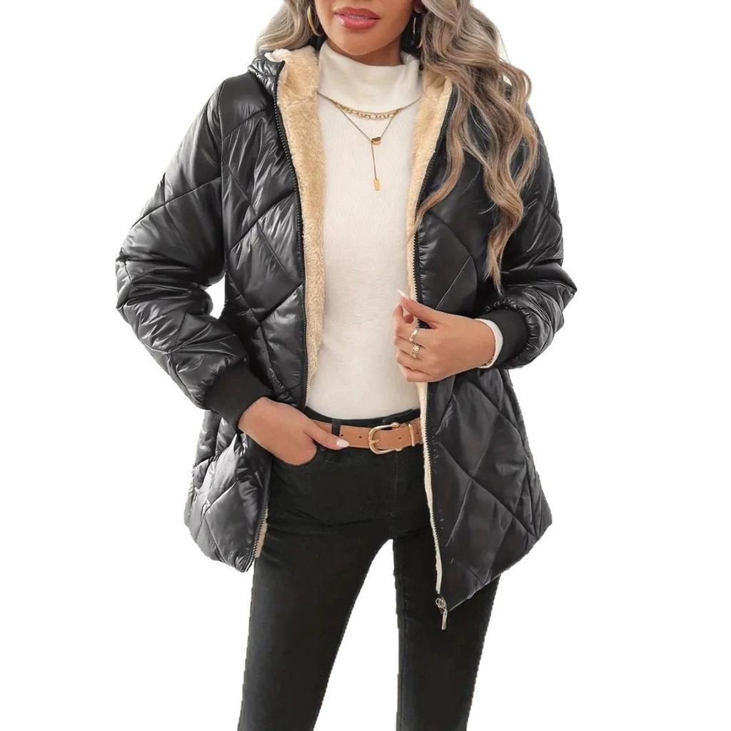 Women's Winter European American Style Loose Thickened Warm Quilted Diamond Pattern Hooded Puffer Coat