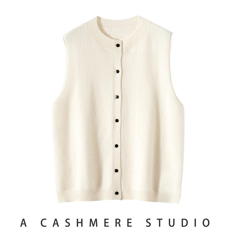 Pure Cashmere Single-Breasted Casual Cardigan Vest: Versatile Loose Solid Color Round Neck Knit Sweater for Autumn and Winter