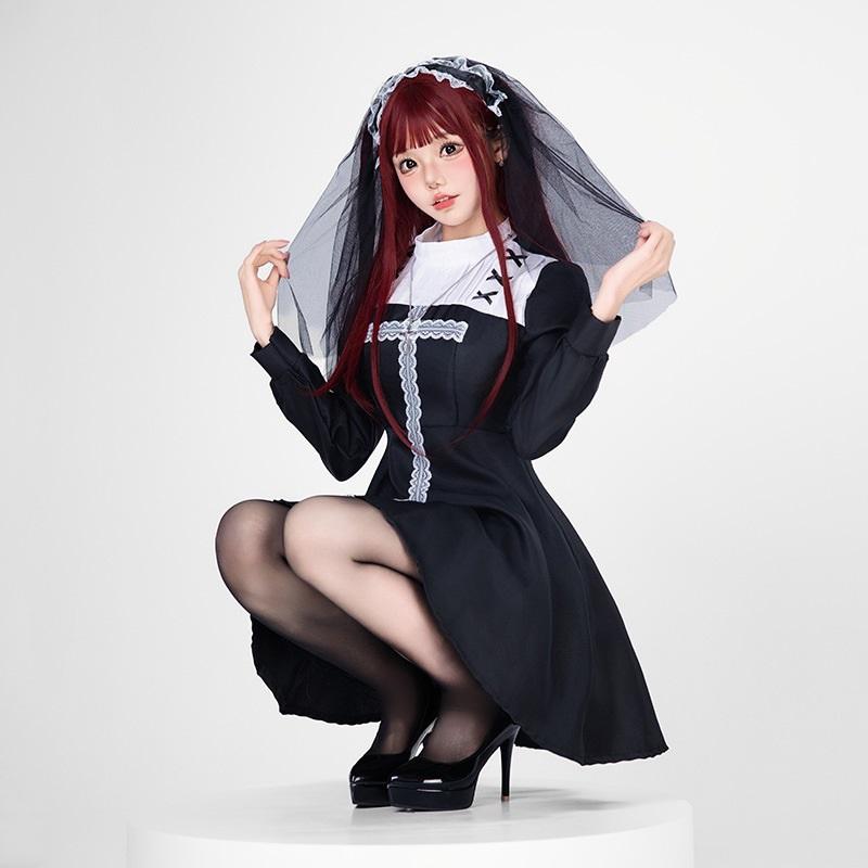 Gothic Bride Halloween Costume Dark Witch Nun Vampire Outfit With Cross For Halloween Party Ghost Performance