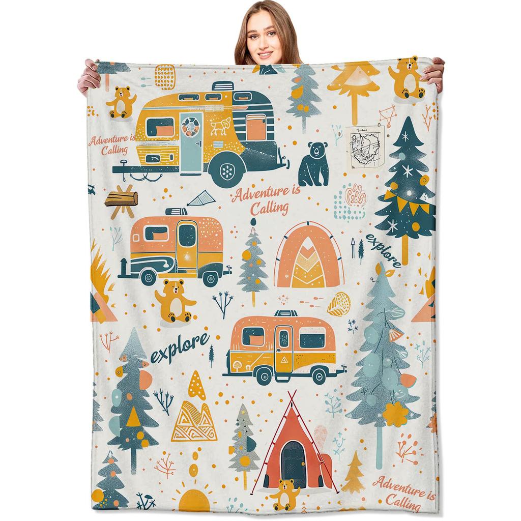 Cute Campervan Campfire Blanket Cartoon Food Digital Printed Flannel Blanket Rv Decorative Blanket