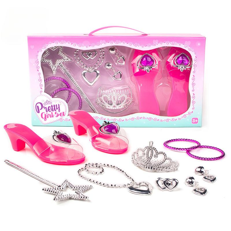 Girls Jewelry Toys Set Crystal Shoes Necklace Crown Earrings Bracelet Play Makeup Dress Up Princess Toys For Kids Role Play