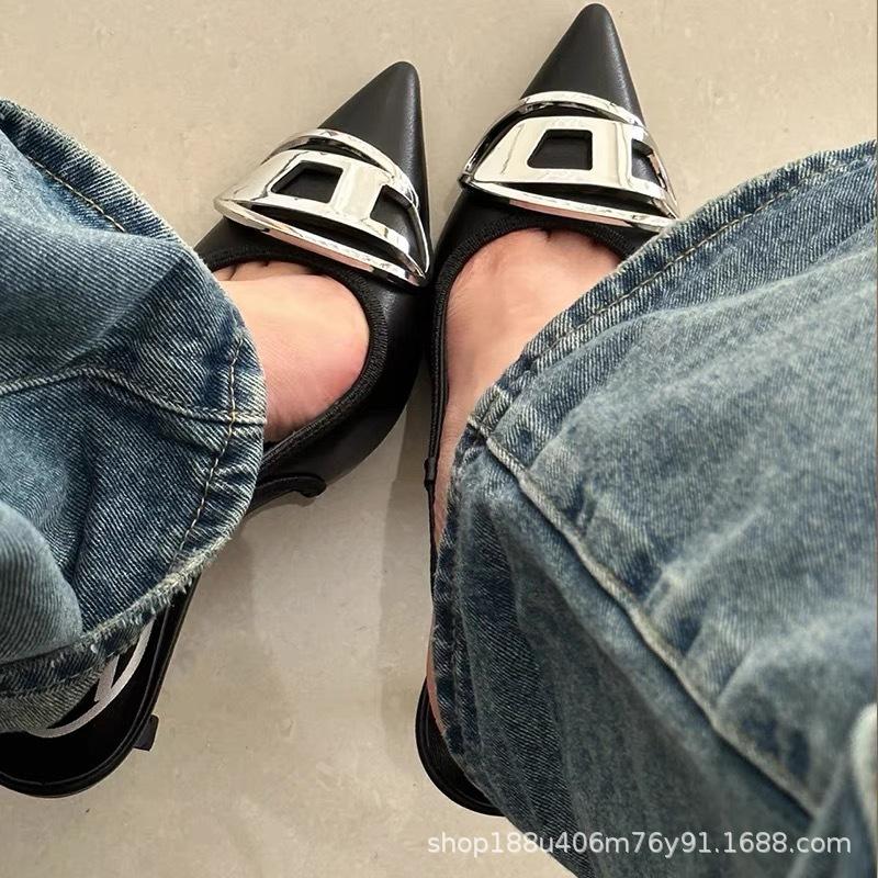 Pointed Thin Heels, Metal Buckle High Heels, Spring and Summer 2025 New Models, Dignitaries, Sexy Back Empty Black Single Shoes Women