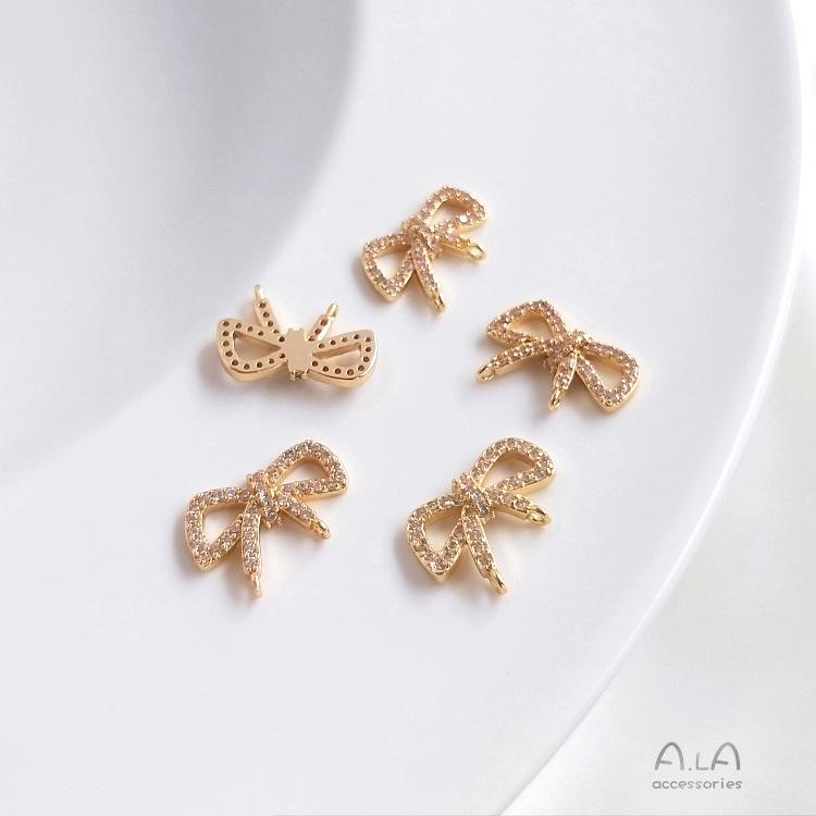 14K Gold-Filled Zircon Bow & Crystal Pearl Double Pendant Clavicle Chain Earrings