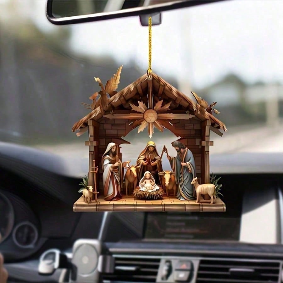 

1 2D Flat Jesus Birth Scene Car Mirror Ornament-Christian Design: Maria, Joseph, Jesus, Animals in Wooden Stable, for Home & Car