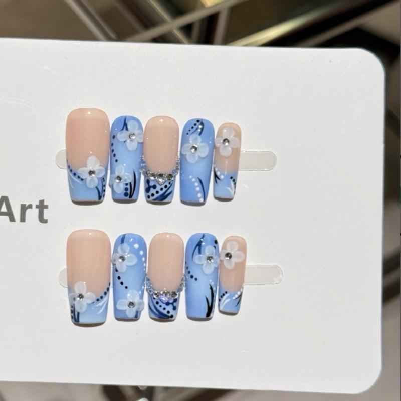 10Pcs Blue French Press on Nails - 3D Flower & Rhinestone Square Fake Nails XS