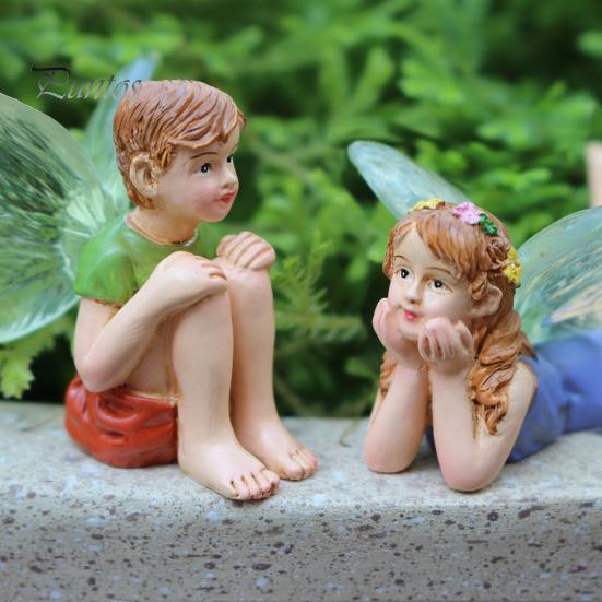 Small Fairy Tale Garden Ornaments 2Pcs/Set Boy And Girl Statues, Resin Miniature Figurines, Mini Landscape Statues for Patios Cute Figures Garden,