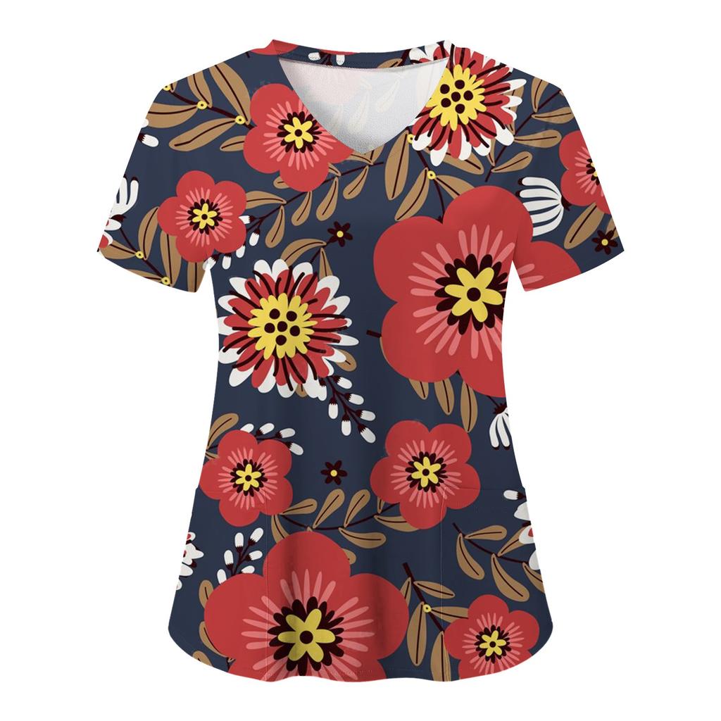 Květinové kojící peelingy Topy Ženy Pracovní Uniforma Halenka Krátký rukáv Výstřih do V Uniforma Blusas Kojící oblečení Sestry Tunika Uniforma