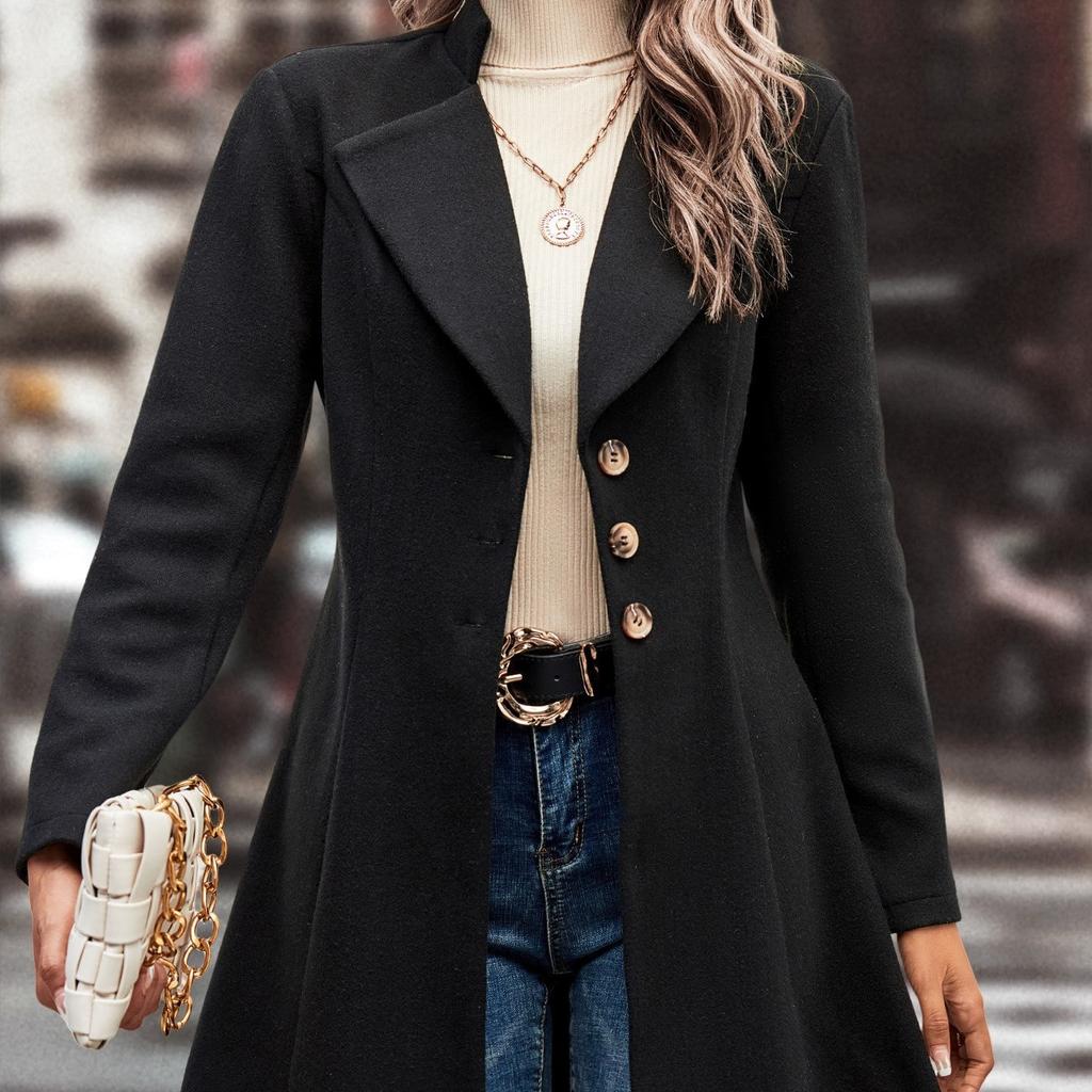 Europäischer Stil Damenbekleidung: Stilvoller und eleganter taillierter Mantel mit Kragen, geeignet für Herbst und Winter, erhältlich in Unifarben.