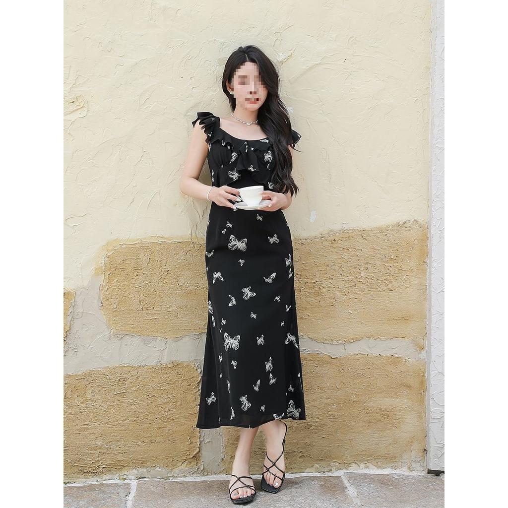 Black French floral retro dress women's summer new butterfly print small flying sleeve sleeveless temperament long dress