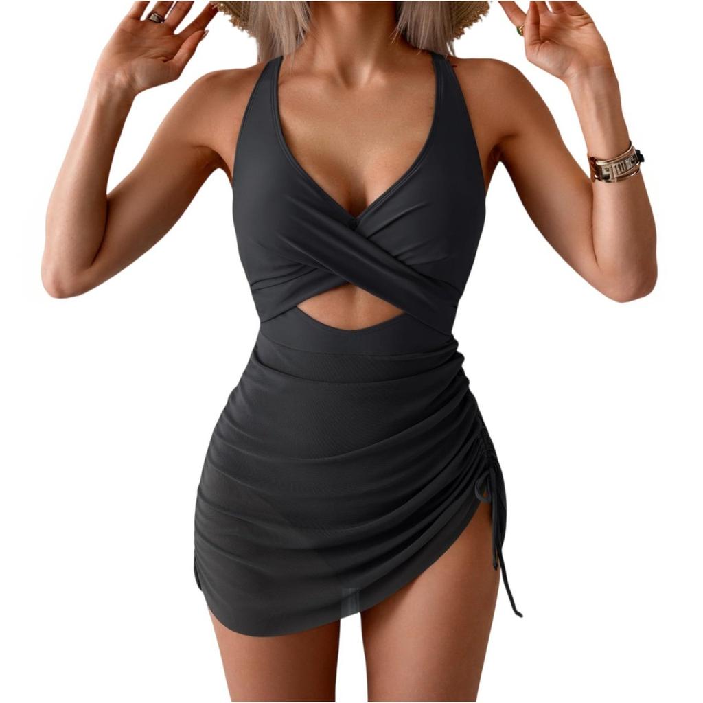 Women's Solid Colour One-piece With Bra Pads Non-steel Support Swimming Costume Sexy Bikini