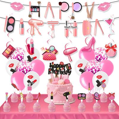 Makeup Theme Birthday Scene Arrangement Girl Beauty Party Banner Balloon Cake Plug-In Set