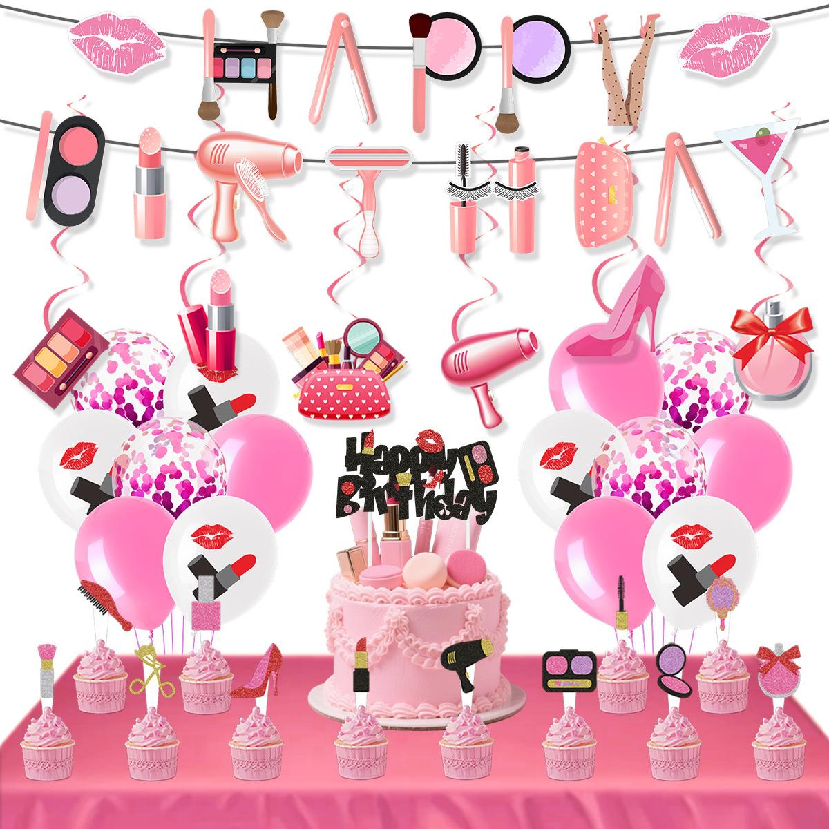 Ngs & Events Girls Makeup Theme Birthday Scene Arrangement Beauty Party Banner Balloon Cake Plug-In Set Cm