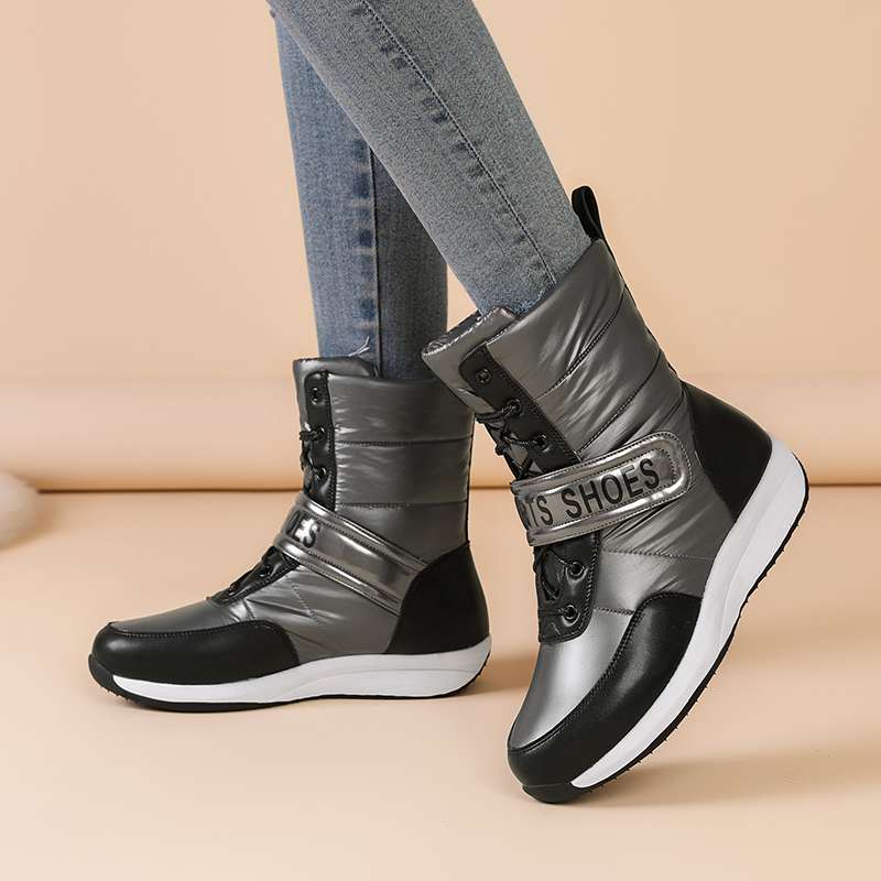 Krazing Pot Microfiber Down Boots Winter Shoes Med Heels Size 44 Wedges Super Size Snow Boots Hook Loop Mixed Color Keep Warm Mid-calf Boots