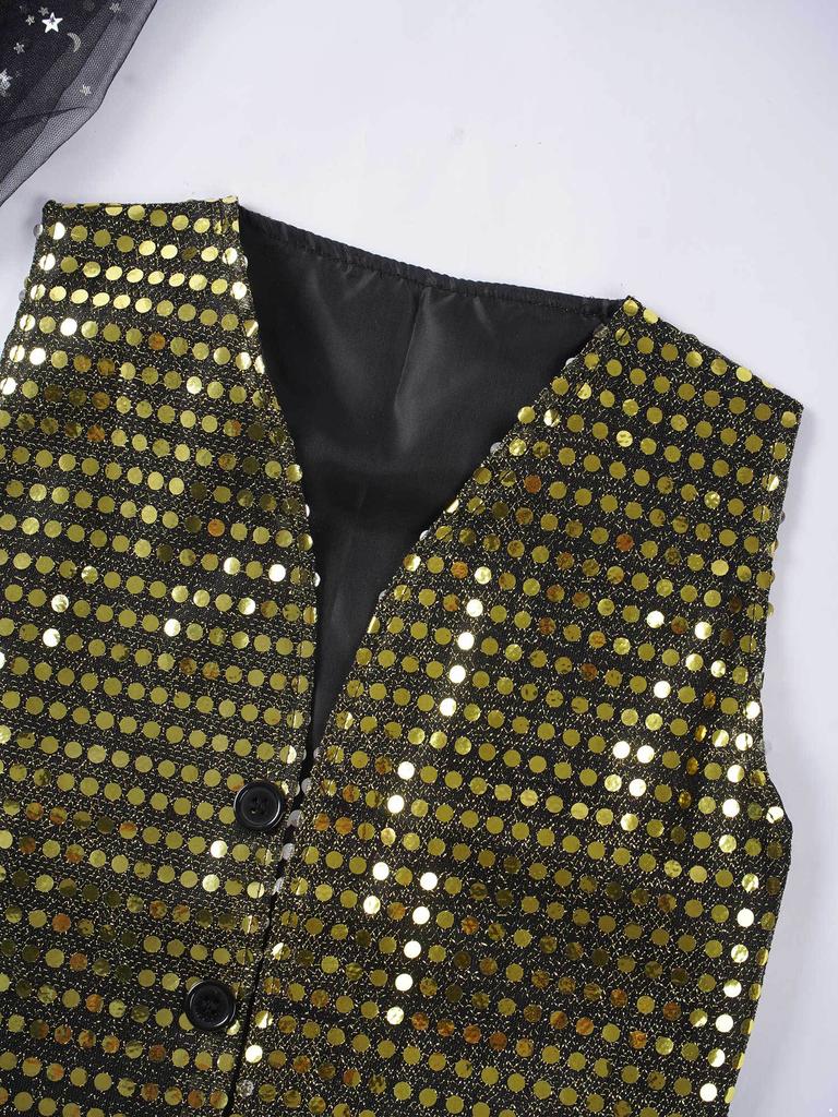 Jungen Mädchen Performance Weste Ärmellos V-Ausschnitt Knopfverschluss Pailletten Stil Einfarbig Bühnenbekleidung
