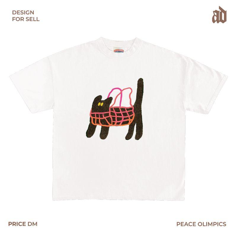 

230G Lightweight Shoulder Cute Black Cat Back Baskets Print Short Sleeve T-shirt Creative All-Match Casual Style Niche Style White XXL