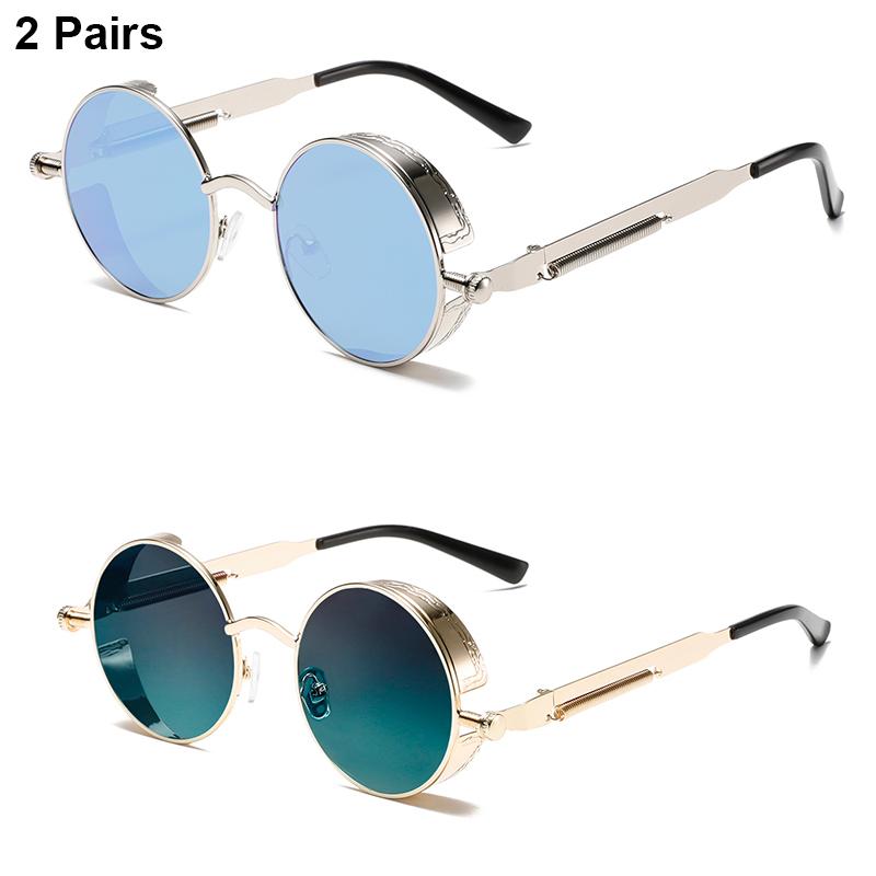 2 Pairs Round Punk Sunglasses Men Classic Vintage Gradient Multi-color Casual Shades Trendy Brand Designer Outdoor Sun Glasses