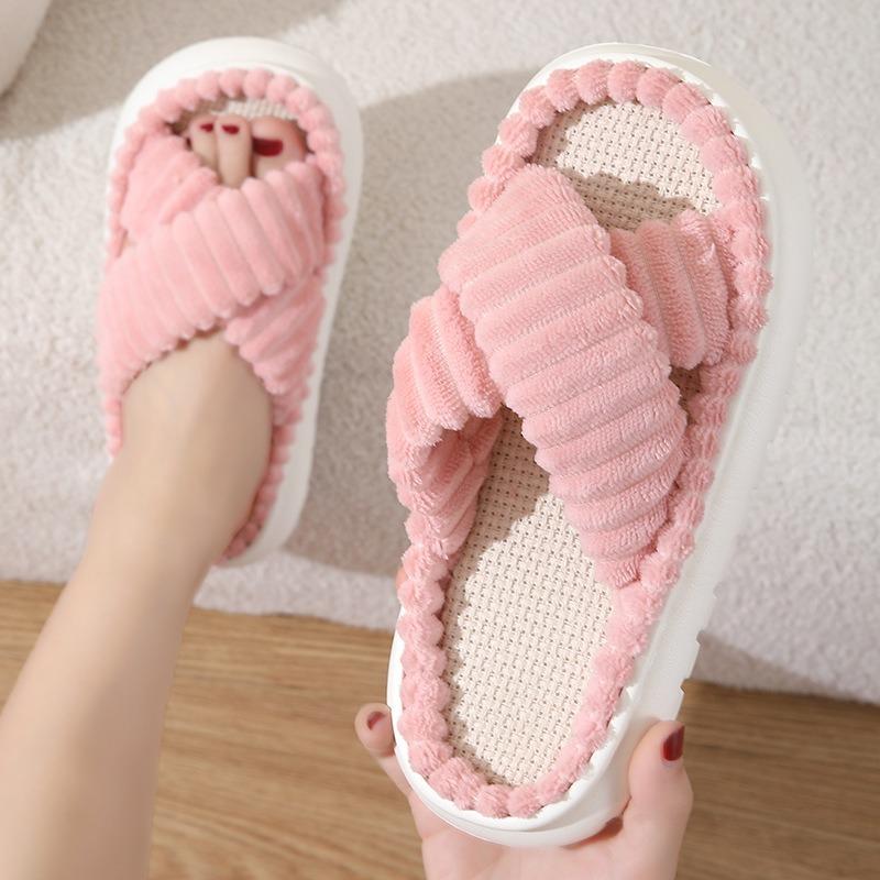 New men's and women's couples' corduroy cross-strap home cotton slippers thick-bottomed warm indoor slippers