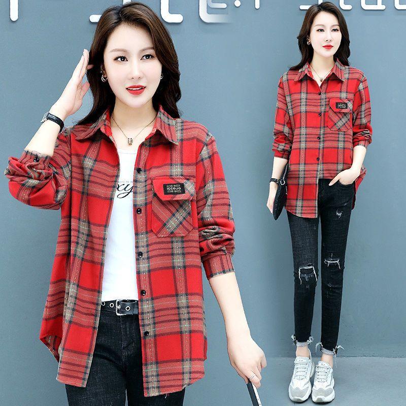 Women Casual and Fashionable Design Sense Fake Two Contrasting Color Plaid Shirt Blouse