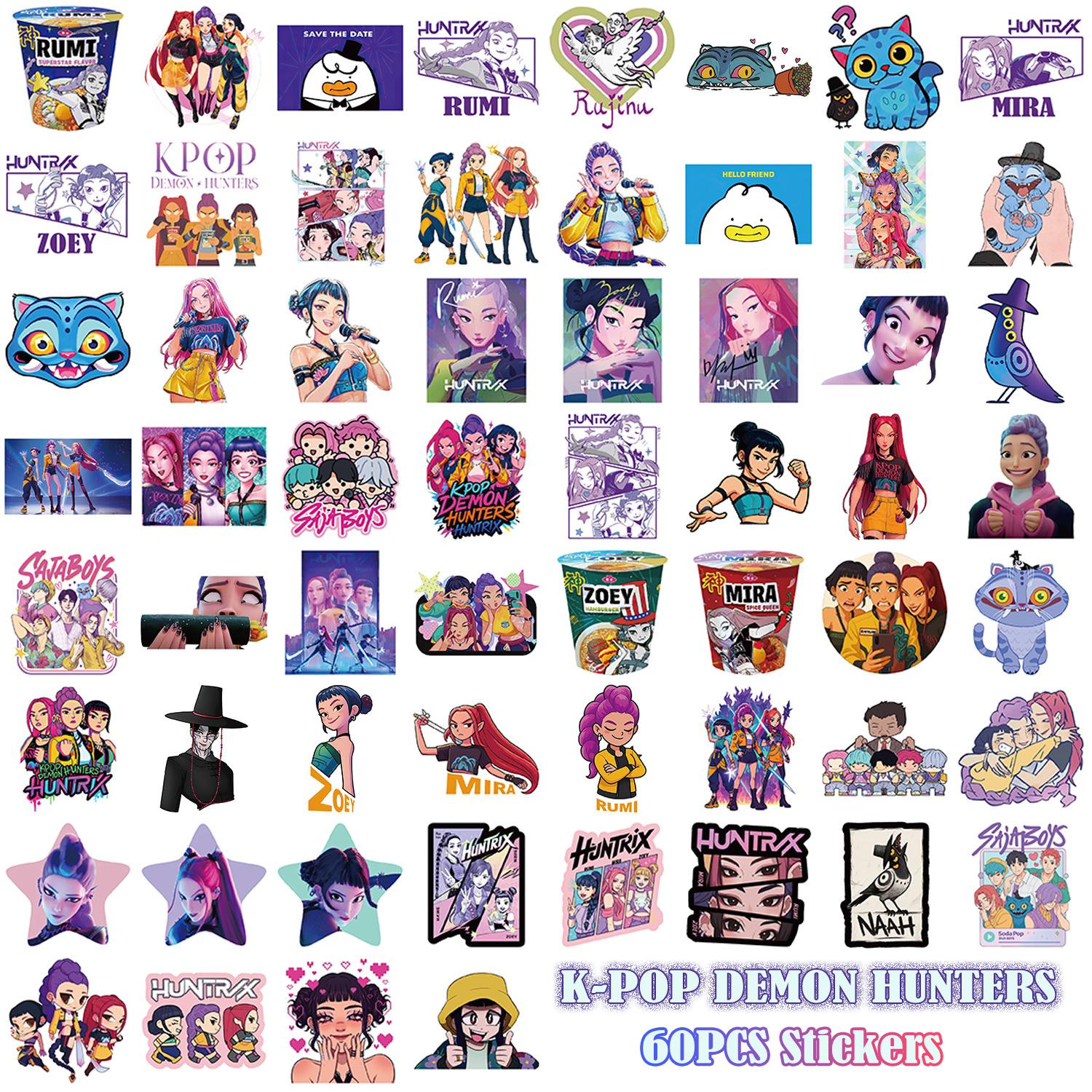 60Pcs KPop Demon Hunters Stickers DIY HUNTR/X Graffiti Waterproof Stickers Demon Hunters Emoji stickers for Decorate Water Cup