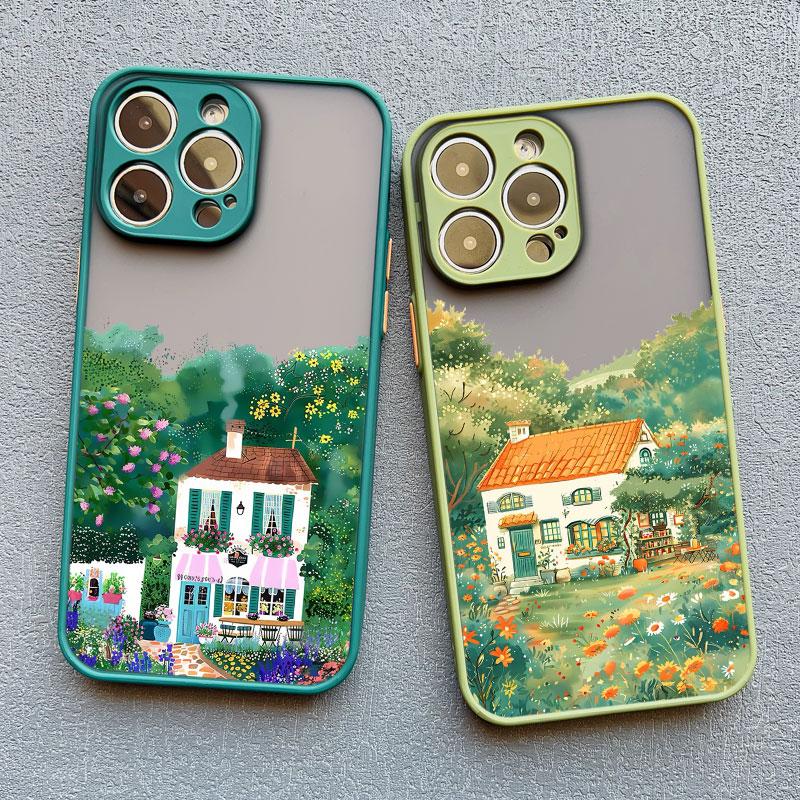 Fashion Garden Style Coffee Shop Phone Case For iPhone 11 12 Mini Pro Max 13 14 15 16 Pro Max X XS XR 7 8 Plus Shockproof Covers