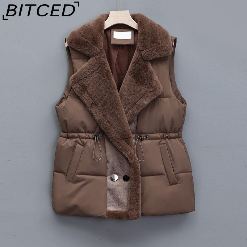 

BITCED Lambskin-Patchwork Down-Filled Waistcoat for Women Winter Outerwear Autumn/Winter Faux Fur Collar Waist-Defining Waistcoat XL темно-коричневого