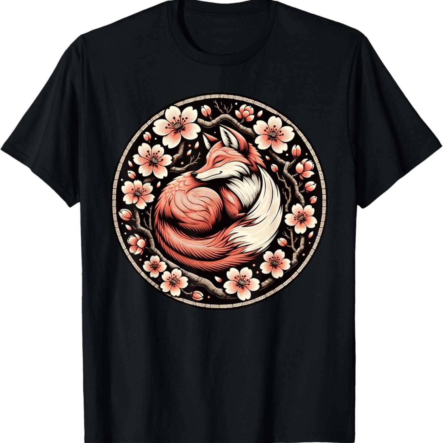 Fox Nine Tailed Fox Cherry Blossom Flowers T-Shirt(1) S чёрный