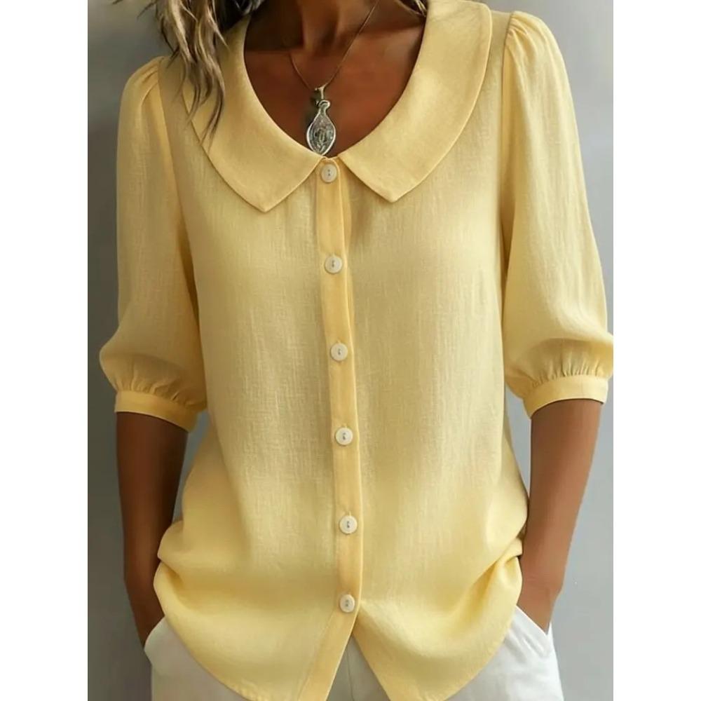 Women's Peter Pan Collar Puff Short Sleeve Button Down Solid Linen Blend Shirt Loose Casual Blouse For Summer Daily Office