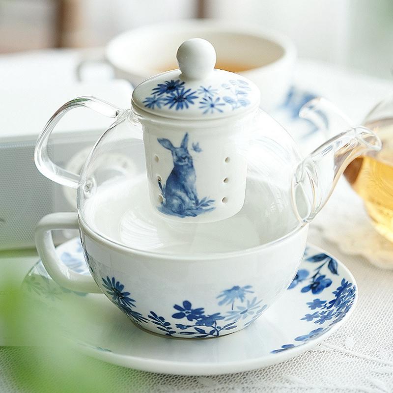 Niebieski Kwiat Porcelana Herbata Dla Jednego Zestaw Szklany Czajnik Ceramiczny Zaparzacz Do Herbaty Filiżanka Spodek Kubek Do Kawy Naczynia Królik Zestaw Herbaty