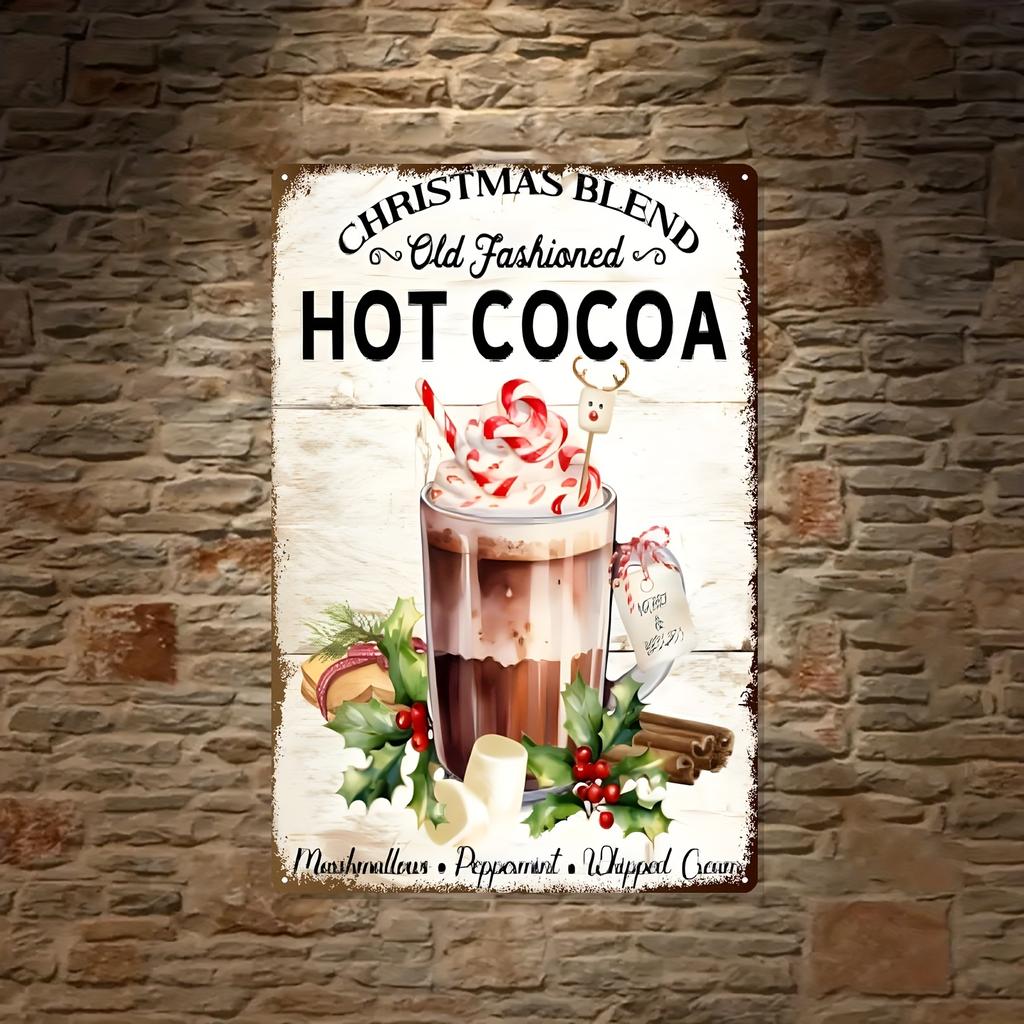 2D Flat, Vintage Hot Cocoa Tin Sign - 20.32x30.48 Cm Metal Wall Art with Whipped Cream & Marshmallow Design, Perfect for Restaur
